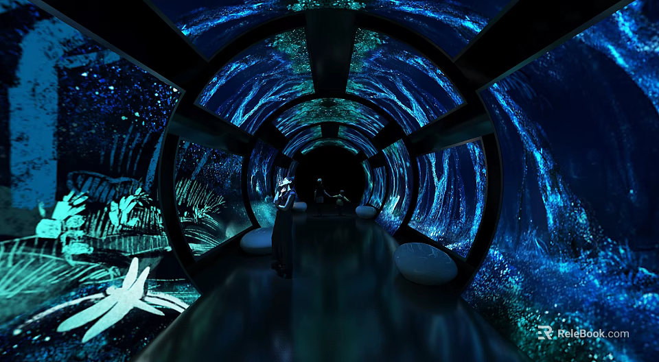 Immersive Blue Glowing Tunnel Interior With Marine Elements And Seats 3d model