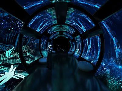 Immersive Blue Glowing Tunnel Interior With Marine Elements And Seats 3d model