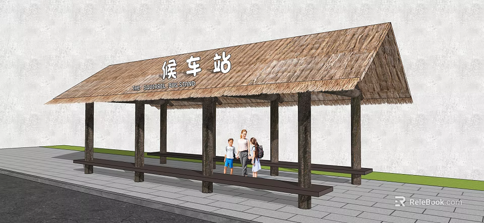 Traditional Bus Stop With Thatched Roof Wooden Pillars And Benches For Waiting People 3d model 