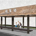 Traditional Bus Stop With Thatched Roof Wooden Pillars And Benches For Waiting People