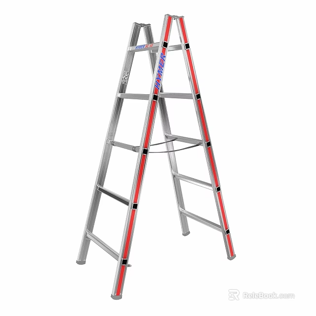 Silver Aluminum Ladder With Red Stripes And Sturdy Steps For Home Use 3d model 