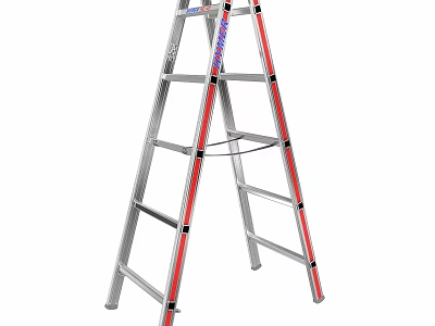 Silver Aluminum Ladder With Red Stripes And Sturdy Steps For Home Use 3d model