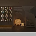 Modern Interior Space With Display Wall Spiral Staircase And Spherical Lamps