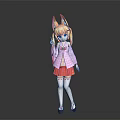 Anime Game Character With Fox Ears Pink Coat Red Skirt And White Stockings