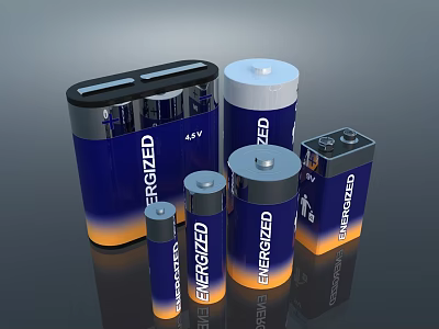 Energized Batteries With Blue Orange Gradient In Various Sizes Shapes For Household Appliances 3d model
