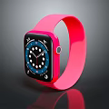 Stylish Smartwatch With Pink Strap Black Dial Blue Background White Numbers And Hands