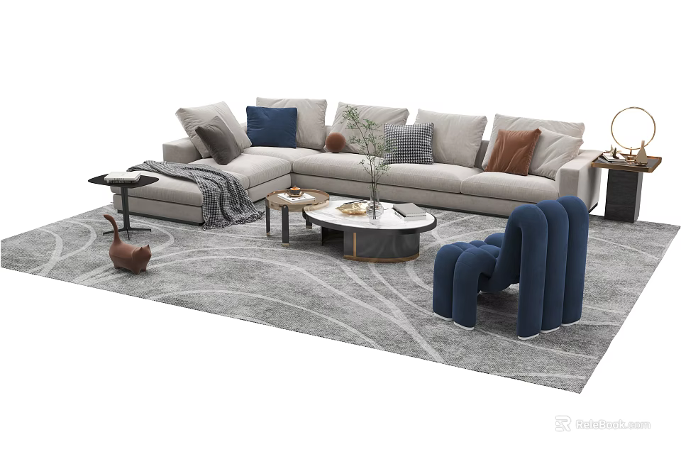 Modern Sofa Coffee Table Set With Plush Cushions Throw Blanket Gray Rug Blue Accent Chair 3d model 