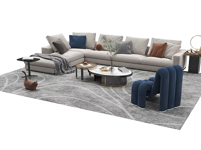 Modern Sofa Coffee Table Set With Plush Cushions Throw Blanket Gray Rug Blue Accent Chair 3d model