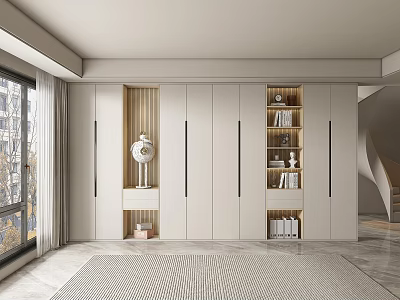 Elegant Modern Living Room Background Wall With White Storage Cabinets Open Bookshelves Books And Decorations 3d model