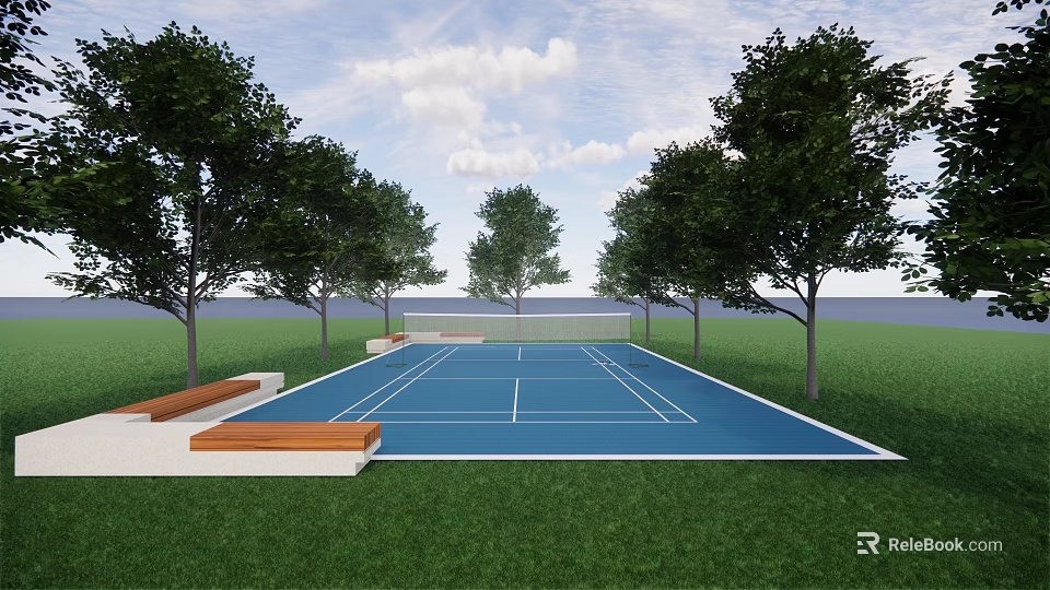 Outdoor Blue Tennis Court with Green Grass Trees and Benches for Sports Fitness 3d model 