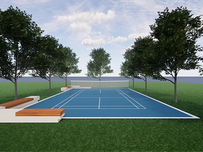 Outdoor Blue Tennis Court with Green Grass Trees and Benches for Sports Fitness 3d model