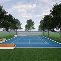 Outdoor Blue Tennis Court with Green Grass Trees and Benches for Sports Fitness
