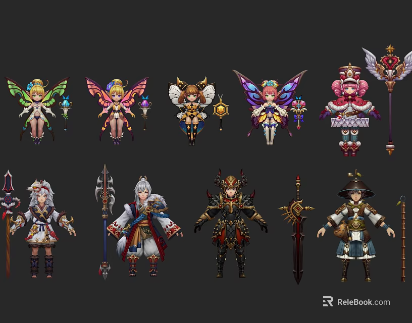 Game And Movie Characters With Various Fantasy Outfits Weapons And Accessories 3d model 