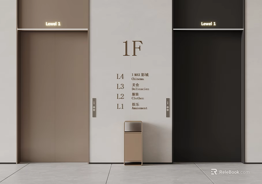 Modern Elevator Lobby With 1F Floor Indicators And Wall Design Elements 3d model