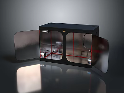 Black Device With Open Doors And Red Lined Internal Components On Smooth Reflective Surface 3d model