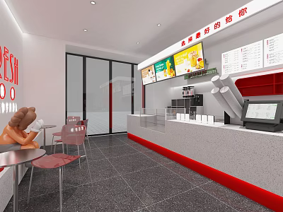 Modern Milk Tea Shop Interior With Red White Decor Seating Area And Counter 3d model