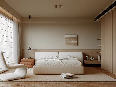Minimalist Modern Bedroom Interior With Double Bed White Armchair Woven Rug And Wooden Cabinets 3d model