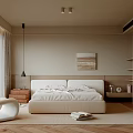 Minimalist Modern Bedroom Interior With Double Bed White Armchair Woven Rug And Wooden Cabinets