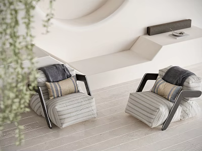 Stylish Striped Accent Chair With Cushions In White Room Wooden Floor And Green Plant 3d model