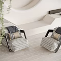 Stylish Striped Accent Chair With Cushions In White Room Wooden Floor And Green Plant
