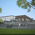 Modern Detached Villa With Glass Railing Terrace And Lush Green Lawn Surrounding Trees
