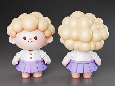 Cute Woman With Blonde Curly Hair White Shirt And Purple Pleated Skirt Front Back View 3d model