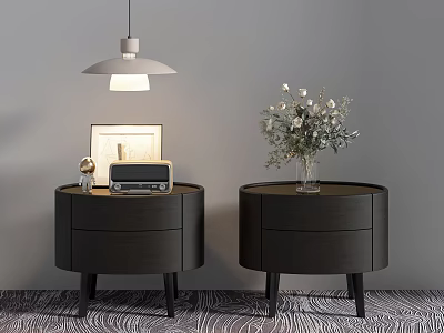 Dark Round Decorative Cabinets with Drawers Decorations Flower Vase Flowers Pendant Lamp and Zebra Rug 3d model