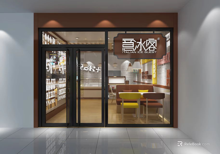 Bright Dessert Shop Front With Glass Door Display Cases Tables And Yellow Chairs Interior 3d model 