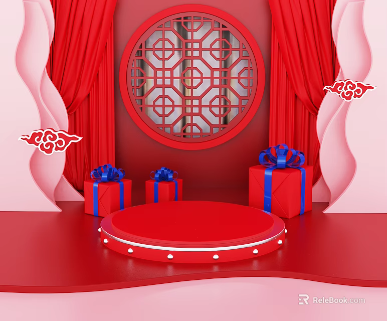 Red Themed Scene with Circular Lattice Window Red Curtains Gift Boxes and Auspicious Cloud Patterns 3d model