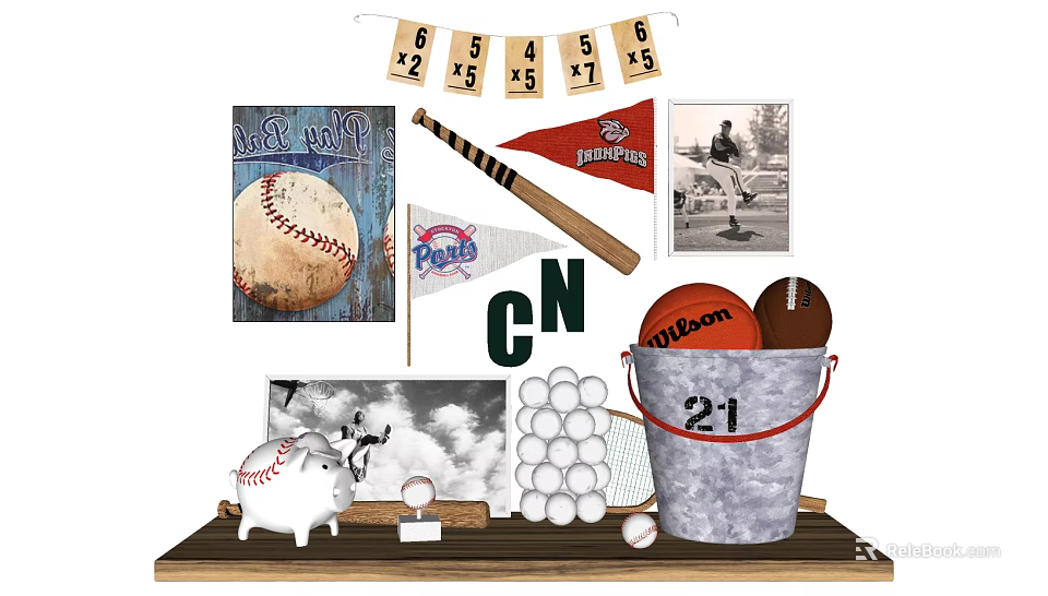 Sports Themed Doll Decor With Wilson Basketball Football And 21 Metal Bucket 3d model 