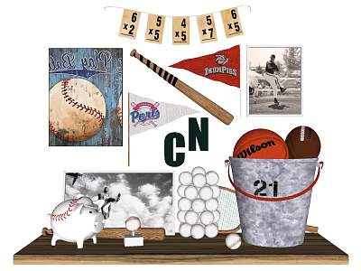 Sports Themed Doll Decor With Wilson Basketball Football And 21 Metal Bucket 3d model