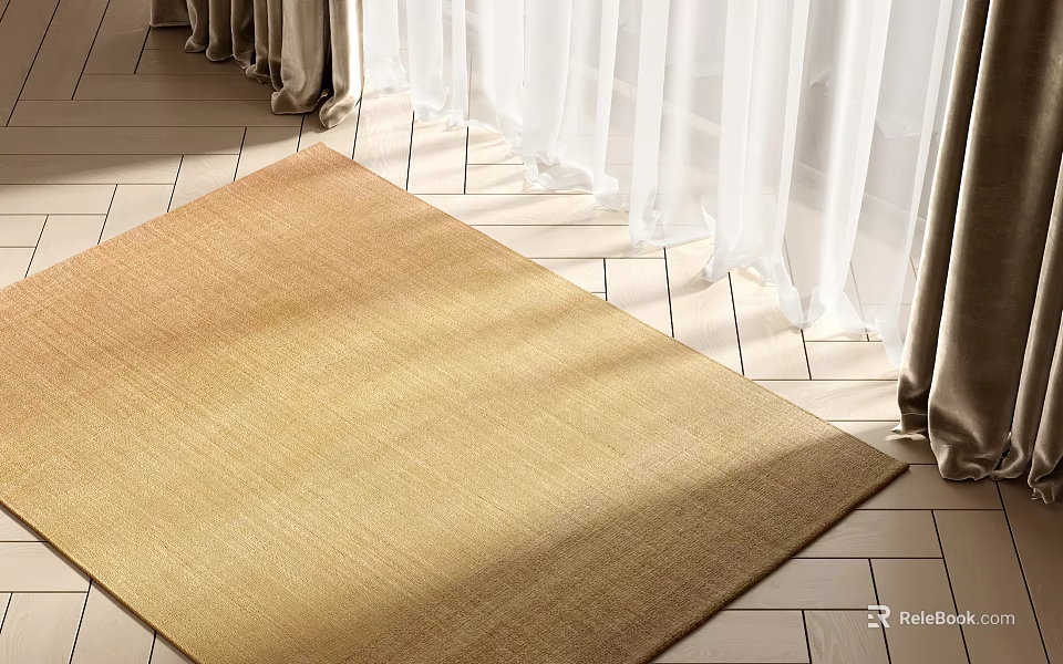 Square Rug In Warm Tone On Tile Floor Near Curtains 3d model 