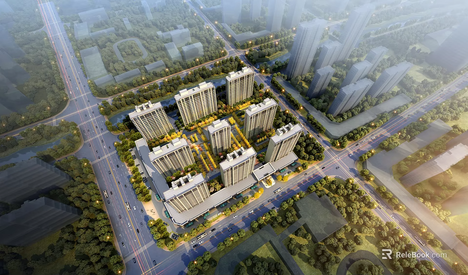 Aerial View Urban Planning With High Rise Residential Buildings And Green Spaces 3d model 