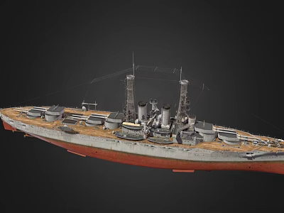 Detailed Wooden Ship Model Featuring Twin Smokestacks And Deck Equipment 3d model