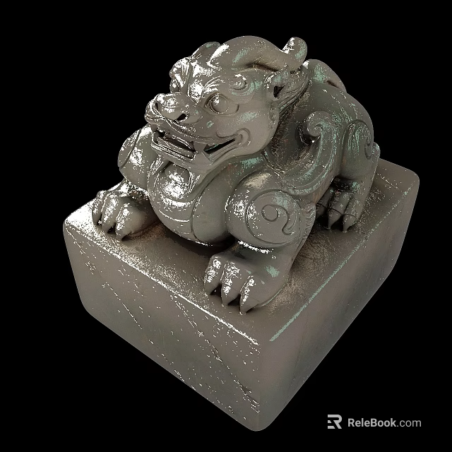 Traditional Mythical Beast Sculpture Carving In Silver Metal With Square Base And Decorative Patterns 3d model 