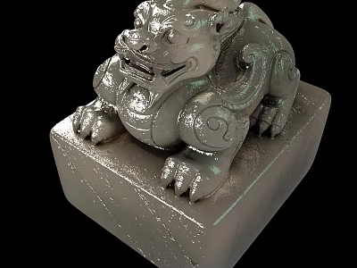 Traditional Mythical Beast Sculpture Carving In Silver Metal With Square Base And Decorative Patterns 3d model