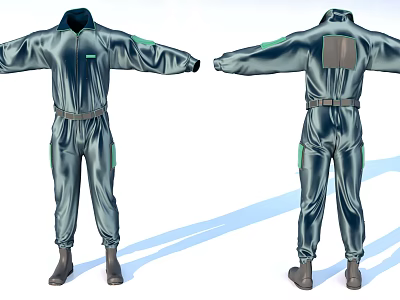Shiny Teal Utility Jumpsuit With Front Zip Belted Waist And Back Patch Design 3d model