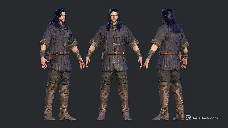 Man In Traditional Outfit With Long Hair Leather Belt Boots Character Design From Different Angles 3d model 