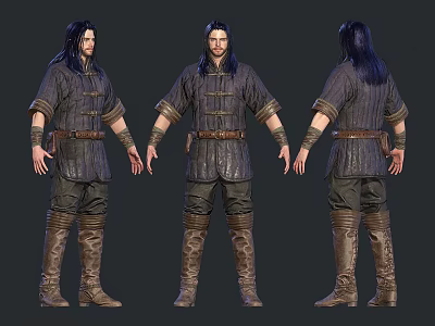 Man In Traditional Outfit With Long Hair Leather Belt Boots Character Design From Different Angles 3d model
