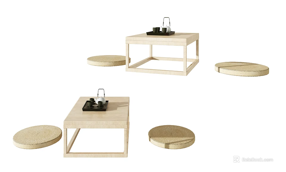 Modern Tea Table and Chairs Set with Light Wooden Frame and Round Stools 3d model 