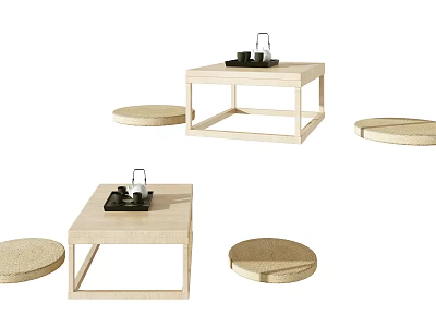 Modern Tea Table and Chairs Set with Light Wooden Frame and Round Stools 3d model