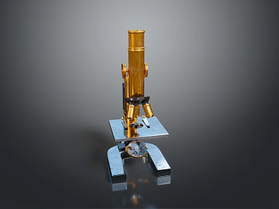 Vintage Golden Microscope With Silver Base On Dark Reflective Surface 3d model