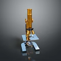 Vintage Golden Microscope With Silver Base On Dark Reflective Surface