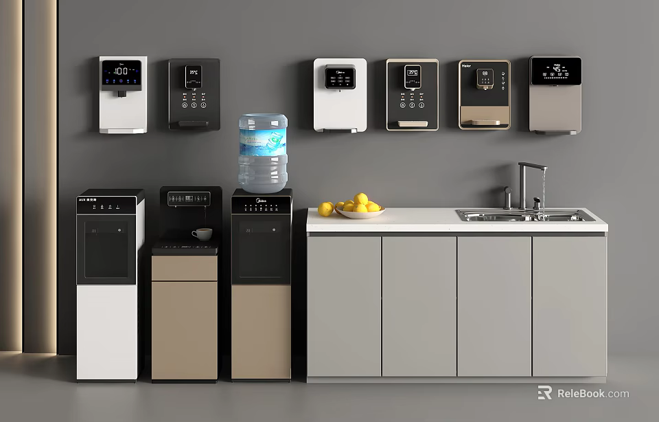 Modern Water Dispensers in Kitchen with Wall Mounted Floor Standing Designs Water Bottle and Fruits 3d model 