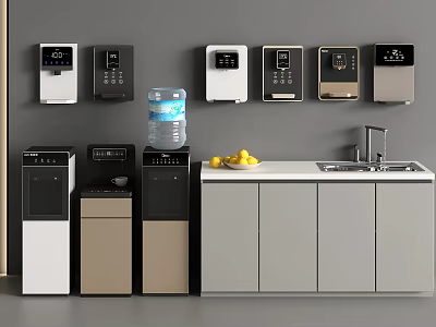 Modern Water Dispensers in Kitchen with Wall Mounted Floor Standing Designs Water Bottle and Fruits 3d model