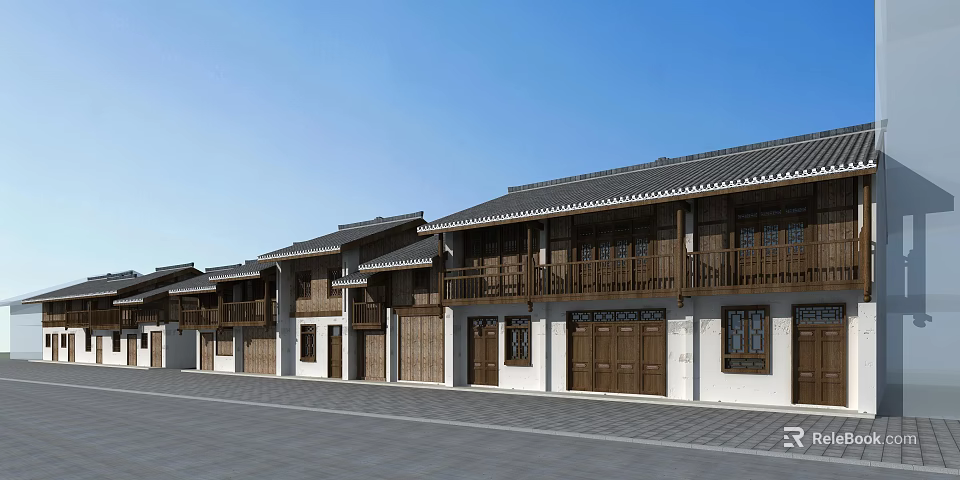 Traditional Chinese Commercial Street With Wooden Architecture And White Walls 3d model 
