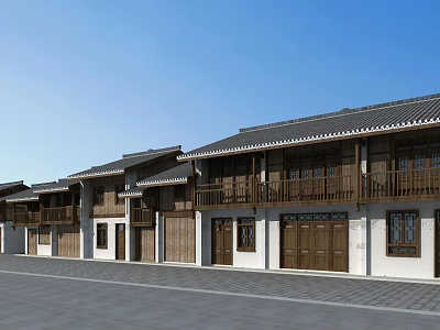 Traditional Chinese Commercial Street With Wooden Architecture And White Walls 3d model