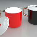 Red Black White Mugs With Lids And Saucers On Table 3d model