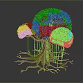 Detailed 3D Model Tree Featuring Brown Trunk Green Canopy and Yellow Aerial Roots