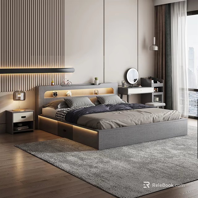 Modern Double Bed Interior with LED Headboard Nightstand Striped Wall and Round Mirror 3d model 